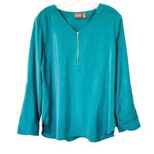 Chico's Wms Sz 1/Med Teal Tunic Top Roll Tab Sleeve  Quarter Zip Front Casual